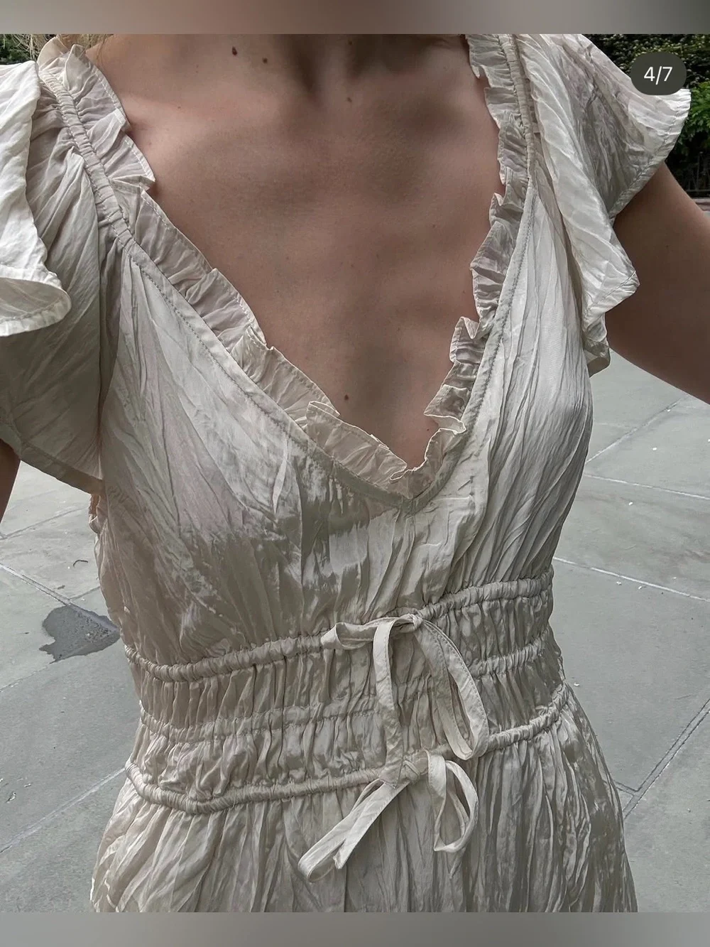 J.Crew crinkle soft flowy dainty doen Cream V-Neck Ruffled Dress romantic slit